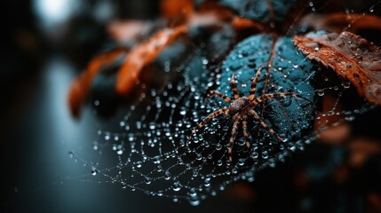 Wall Mural - dew covered spiderweb with spider nature's intricate design in autumn