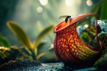 A pitcher plant with unique red and yellow speckled pattern lures a small insect into its trap.