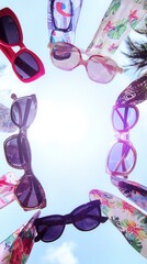 multiple sunglasses arranged in a circle on a bright sunny day with clear natural lighting.