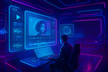 an illustration of a man editing ai video in futuristic ai editing studio