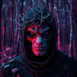 © El Casteleiro - A menacing figure with a pale blue face and red lighting, wearing a black hood and a crown of branches