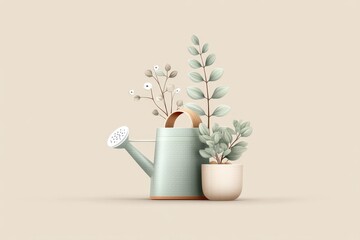 Poster - A flat design of a watering can above three sprouting plants on a soft beige background