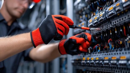 Leinwandbilder - A man is working on a power box with his hands in red gloves