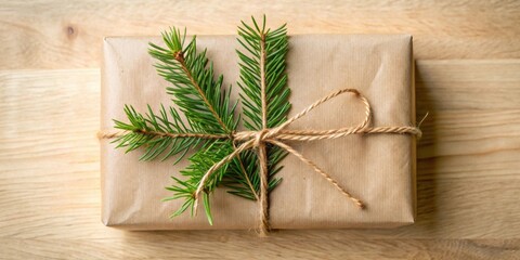Aufkleber - A thoughtfully wrapped gift, adorned with evergreen sprigs and tied with rustic twine, rests on a light wood surface.