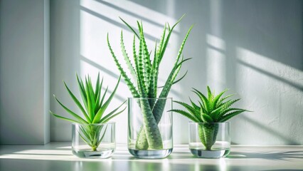 Poster - Three succulent plants in clear glass vases bathed in sunlight, minimalist home decor