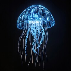 bioluminescent jellyfish with digital tentacles on black