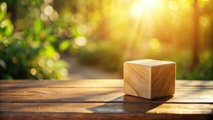 Aufkleber - Serene Wooden Cube on Sunny Outdoor Tabletop with Lush Greenery Background