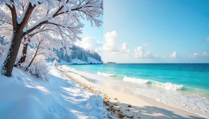 Canvas Print - a split image showing a frosty winter scene contrasted with a sunny summer beach , heating, freeze