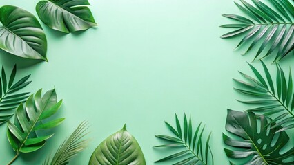 Fototapete - Lush Green Tropical Foliage Arranged on a Soft Mint Background, Ideal for Summer or Spring Designs Featuring Vibrant Greenery
