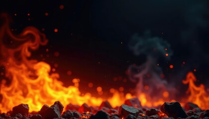 Wall Mural - fiery inferno against a stark black backdrop intense flames, smoke, and embers , hellfire, night, dr