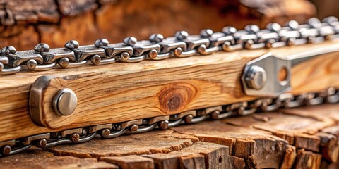 Aufkleber - Close-up view of a sturdy metal chain resting on a rustic wooden surface