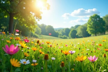 Wall Mural - Sun-drenched meadow in summer, wildflowers blooming , environment, beauty