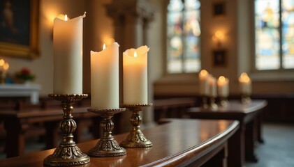 Wall Mural - Tall white church candles in ornate candlestick holders , object, ritual