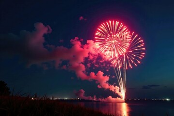 Wall Mural - vibrant fireworks exploding in a night sky, creating fiery trails and colorful bursts , pattern, red