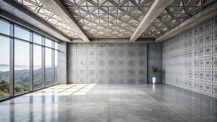 Aufkleber - Modern Open-Plan Room with Geometric Ceiling and Intricate Wall Panels, Featuring Expansive Windows Offering a Panoramic View of Lush Greenery