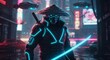 © Seree  - Cyberpunk Samurai in Rain - Futuristic samurai warrior stands in neon-lit rain, wielding katana. Cyberpunk aesthetic