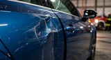 Damaged Car Door Needs Repair - Close-up of a blue car door with significant damage, scratches, and dents. Needs auto body repair