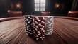 © Brera Design - Stacks of poker chips on a wooden table in a dimly lit room, ready for a game of poker or casino night.