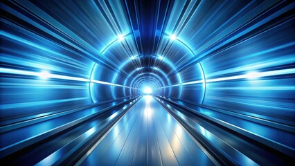Poster - Futuristic Blue Tunnel High-Speed Transportation Concept Showing a Sleek, Modern Moving Walkway Leading Towards a Bright Light at the End of a Cylindrical Corridor with Glowing Circular Details.
