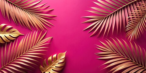 Poster - Golden and Rose Gold Tropical Leaves on Vibrant Pink Background, a Luxurious Summer Design