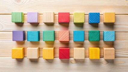 Fototapete - A vibrant arrangement of colorful wooden blocks on a light wood surface, showcasing a playful and organized pattern of various hues and textures.