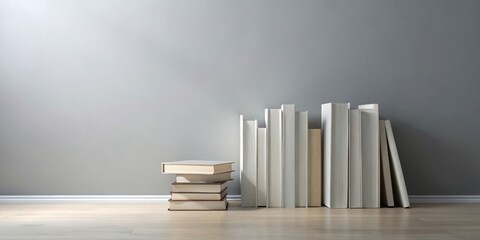 Fototapete - Quiet Study Space Featuring a Stack of Books and a Row of Books Against a Neutral Wall