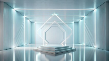 Aufkleber - Futuristic Minimalist Display Platform in a Modern Light-Infused Space with Geometric Wall Panels and Illuminated Lines