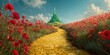 © Pixelzone - A stunning image of yellow brick road leading through poppy field to green emerald city in the distance. Wizard of Oz concept.