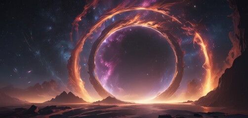 Wall Mural - Shimmering portal emits vibrant cosmic waves, swirling nebulae ,  constellation,  space