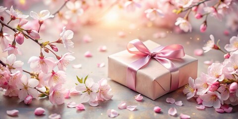 Poster - A delicately wrapped gift rests amidst a profusion of blossoming branches, petals scattered like fallen confetti, a scene of springtime elegance and thoughtful presentation.