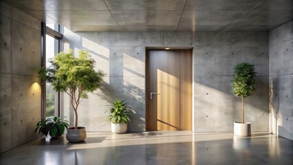 Fototapete - Modern minimalist interior design featuring a wooden door, potted plants, and concrete walls bathed in sunlight.