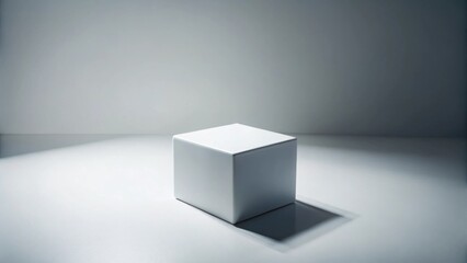 Leinwandbilder - A simple white cube sits centrally on a minimalist, brightly lit surface against a neutral backdrop