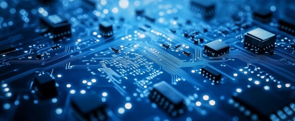 Abstract blue circuit board background vector presentation design with dots and lines on a dark color, technology concept.
