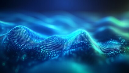 Abstract background with blue and green glowing binary code, blurred digital screen, technology concept, coding or software development.