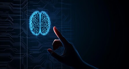 Artificial intelligence and human hand touching with a digital technology background. AI concept on a dark blue background with copy space for your design work.