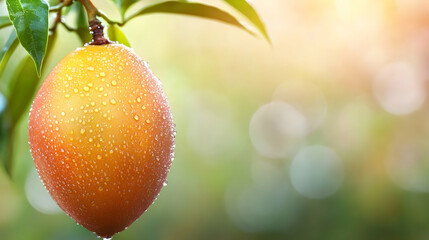 Close-up of a Fresh Mango Hanging from a Tree Branch with Sunlight