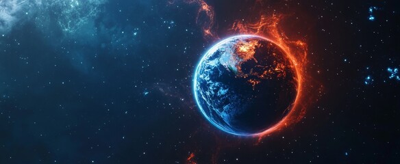 Wall Mural - digital planet earth with glowing blue and orange light rays, fiber optic cables lines in the space 