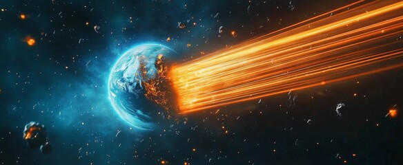 Wall Mural - digital planet earth with glowing blue and orange light rays, fiber optic cables lines in the space 