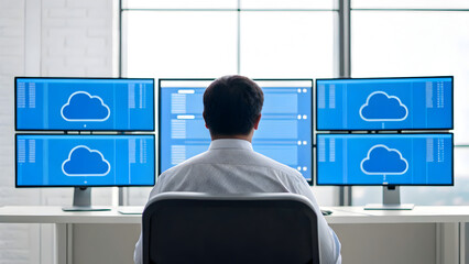 Cloud Computing Professional working with multiple monitors displaying cloud computing data.