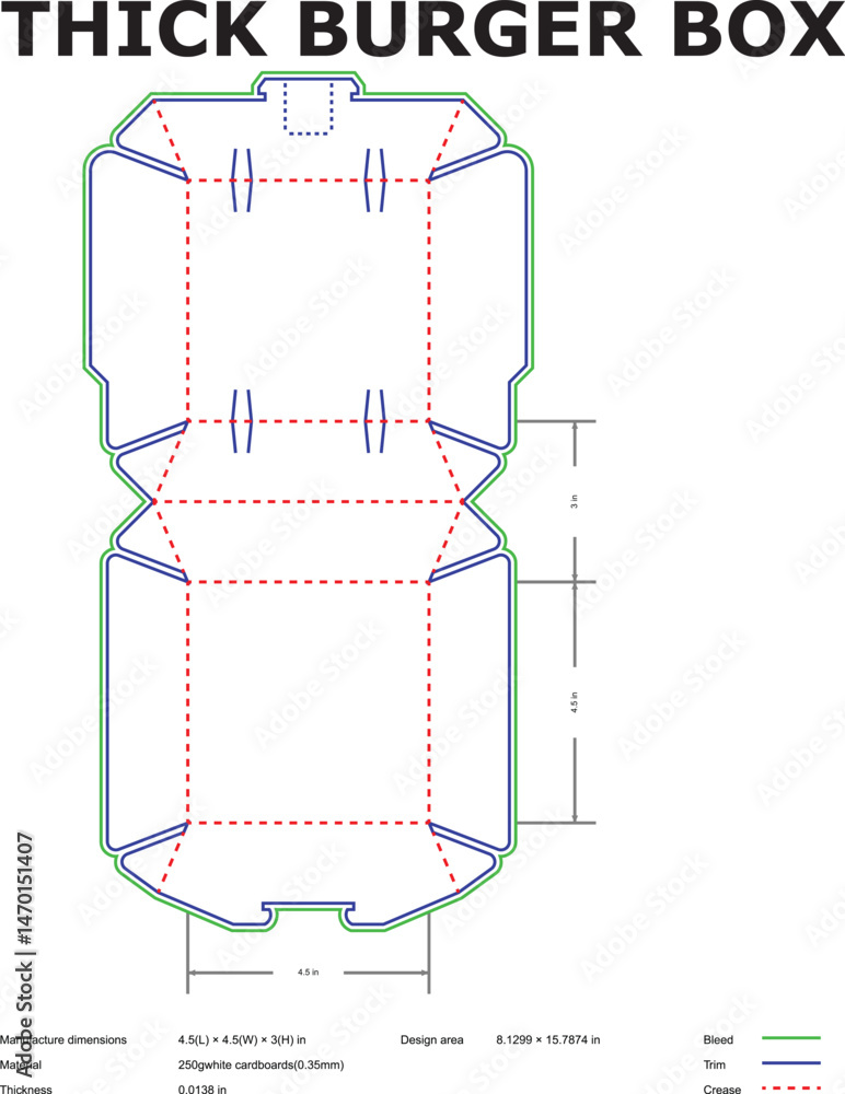 Detailed diagram of a thick burger box packaging template with ...