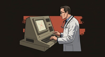 Doctor using vintage computer