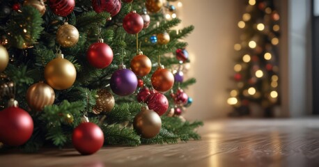 Wall Mural - Classic Christmas tree, colorful baubles, soft focus lights ,  silver,  holiday lights,  christmas background