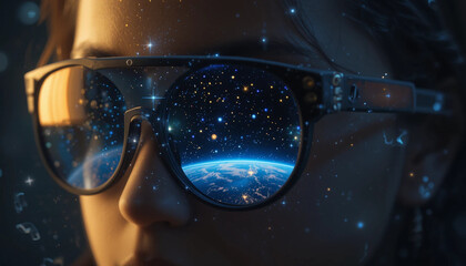 Wall Mural - Earth to Ether : person wearing glasses reflecting earth and stars to connect universe ether with sense of wonder and exploration