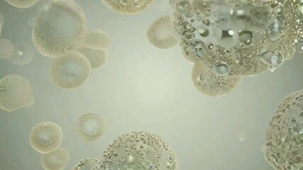 Floating spheres with textured surfaces and some ring shaped objects on a light background