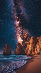 Wall Mural - Under a starry night sky, the Milky Way arches over rugged rock formations by the shore. Gentle waves lap at the sandy beach, creating a tranquil atmosphere in this coastal scene