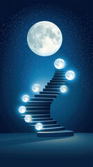 Wall Mural - Surreal staircase spiraling through glowing moon phases in starry night sky creates dreamlike atmosphere