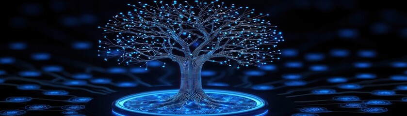 A glowing digital tree with circuitry in a dark background