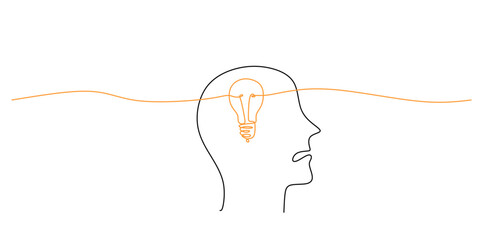 Wall Mural - continuous line drawing person showcasing light bulb head. fresh ideas invention creativity art.