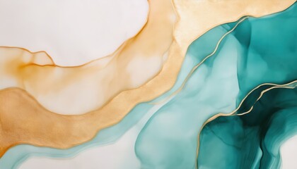 Poster - fluid teal and amber alcohol ink texture with gold veins on white background for web design, branding, wall art, or luxury print media
