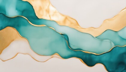 Poster - fluid teal and amber alcohol ink texture with gold veins on white background for web design, branding, wall art, or luxury print media